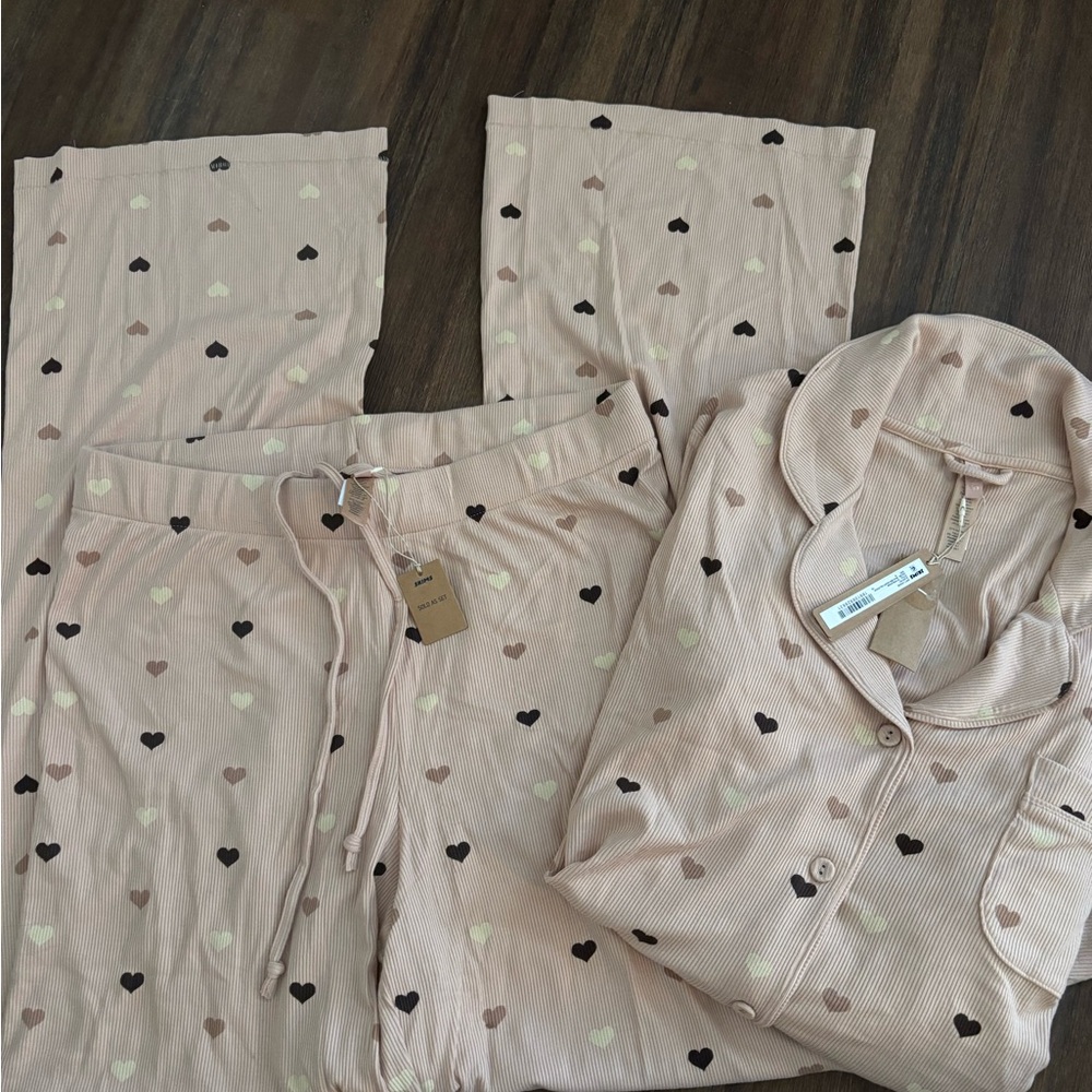 SKIMS Pink Heart Ribbed Pajama Set